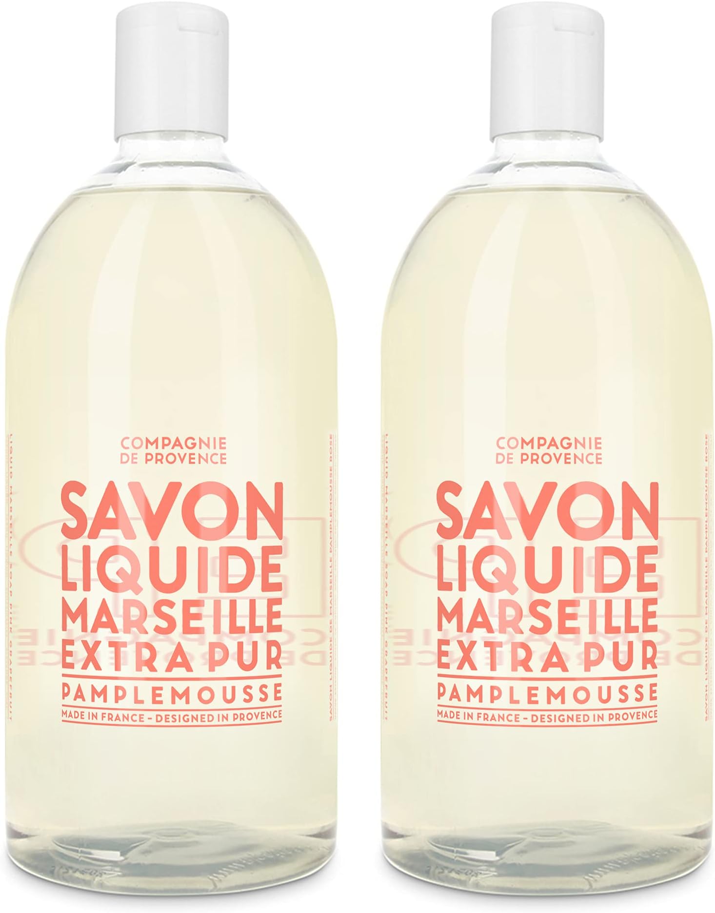 Compagnie de Provence Savon de Marseille Extra Pure Liquid Soap, Pink Grapefruit, Two 33.8 fl oz Plastic Bottle Refills