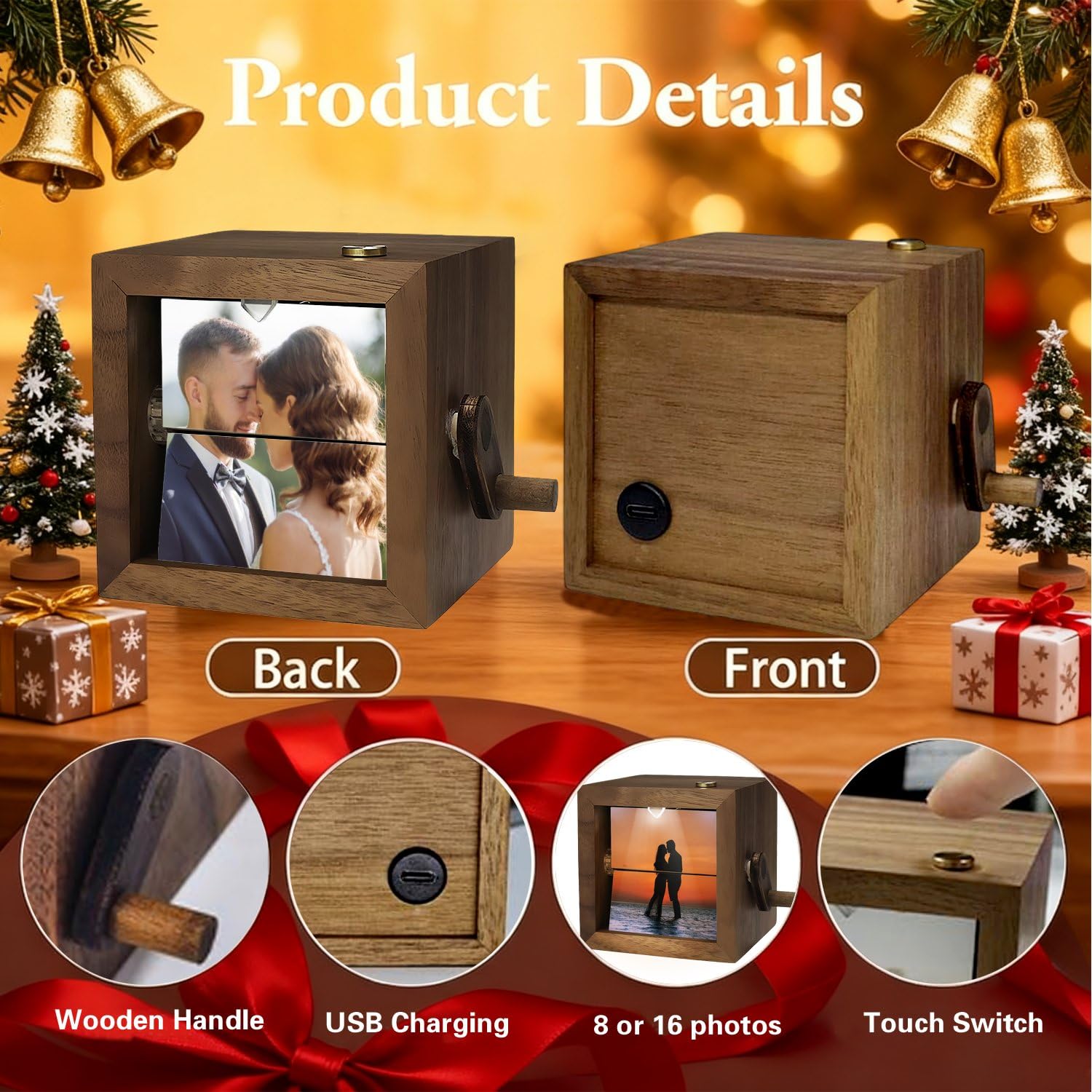 Caja de luz de madera personalizada hecha a mano, caja de fotos con movimiento de manivela, edición romántica, caja de recuerdo personalizada para parejas románticas