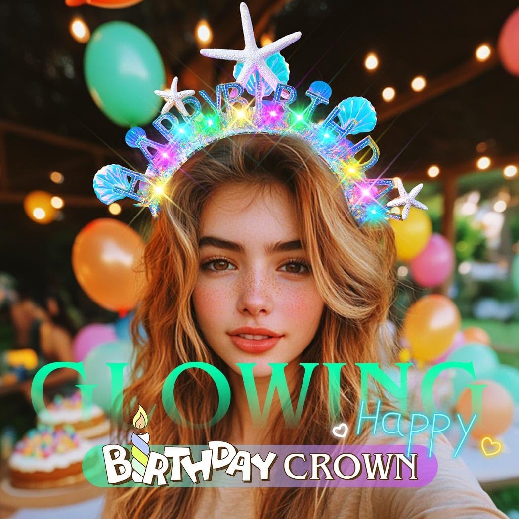 ACEDRE Light Up Mermaid Headband Birthday Crown Seashell Ocean Birthday Hair Accessories for Women - Image 6