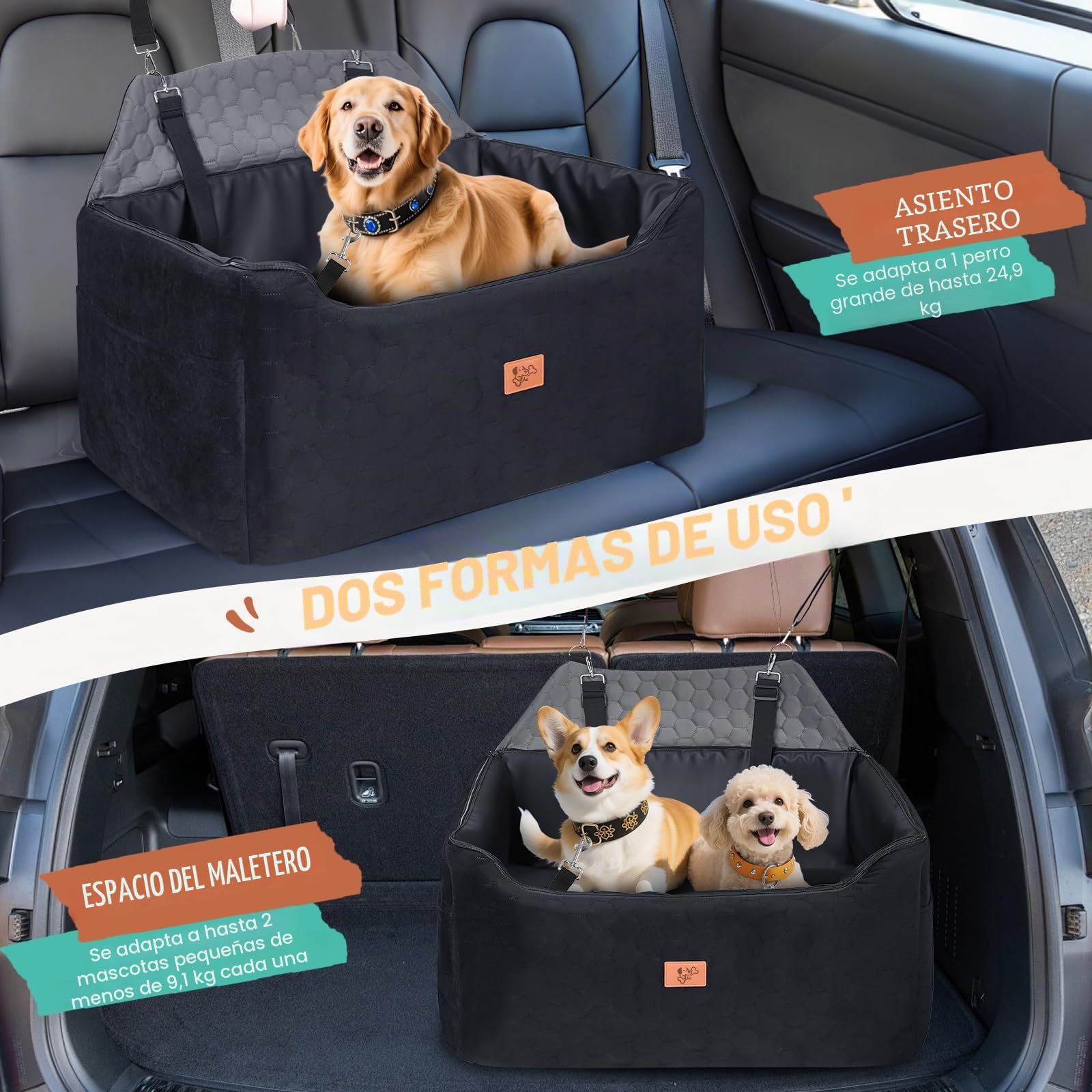 Asiento de Coche para Perros 78x55x53cm, Extraíble y Lavable para Medianos y Grandes, Incluye Correa para Perros Grandes y Pesados (con Funda de Piel Impermeable)