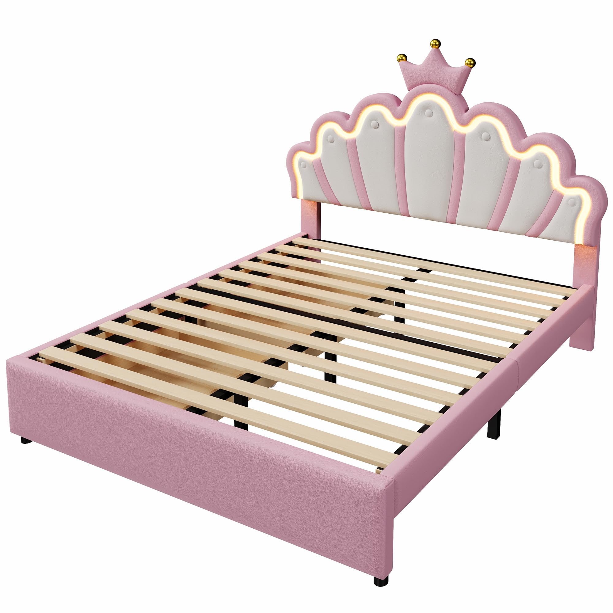 Letto imbottito, luce ambiente telecomandata, letto con 2 cassetti, letto principesse a forma di corona, testiera regolabile, PU (senza materasso) (rosa, 140 x 200 cm)