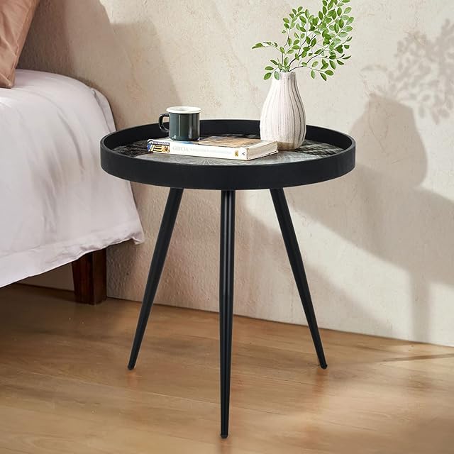 CASART Round Coffee Table, Modern Sofa Side Tables with Anti-drop Edge, Wooden Cocktail Snack Accent Table for Living Room, Bedroom, Office(Black, Round with Tray)