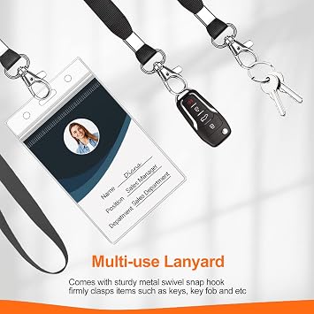 Clear ID Badge Holder with Lanyard Water Proof Vertical Display Identification Card Name Card Protector with Zipper Resealable Nametag Holder (Black-6pcs)