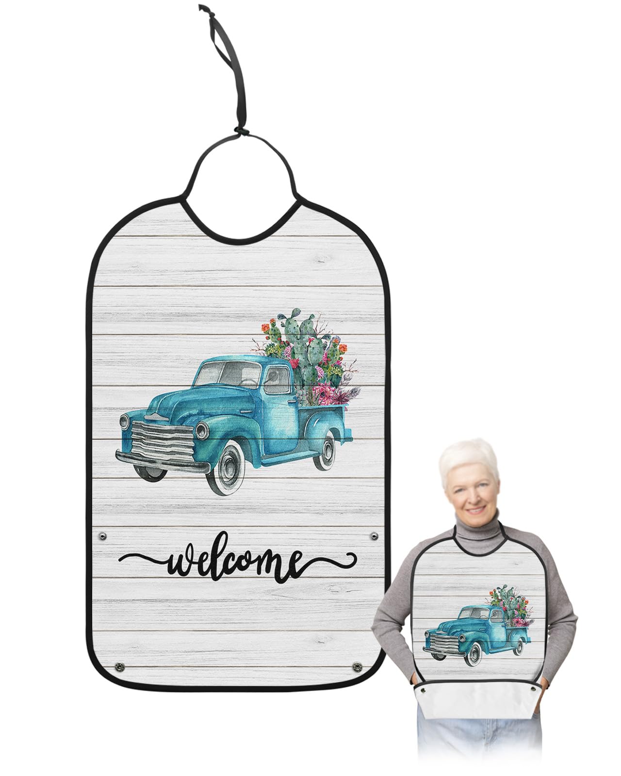 Summer Tropical Plant Adult Bibs for Eating, Waterproof Bibs with Food Catcher & Adjustable Snap Closure, Teal Cactus Truck Wood Welcome Washable Clothing Protectors Adult Bibs for Elderly Women/Men