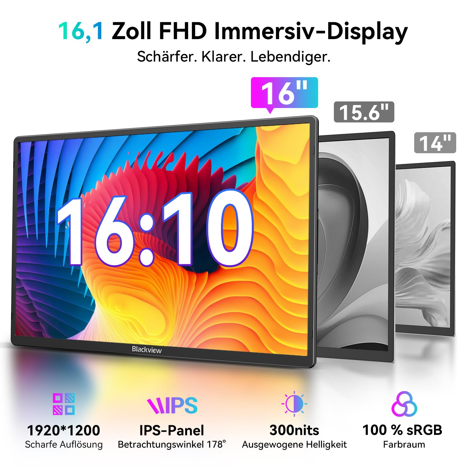 Blackview 16.1 Zoll FHD 1200P Ultradünner Tragbarer Monitor, 360° Drehbarer Magnetständer,Laptop Bildschirm erweiterung für Reise & Büro, Plug & Play - Kompatibel mit Windows/Mac/PC/PS5 - 3