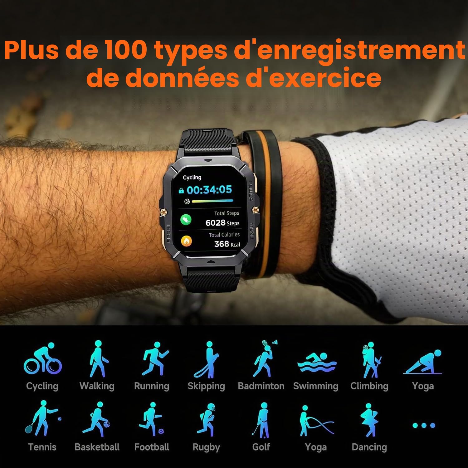 OBA Montre de Sport OUKITEL BT101 Homme 2.02 Pouces 100 Mode Sport Étanche 5ATM 410mAh Notifications, Moniteur de fréquence Cardiaque, podomètre, Suivi d'activité, Microphone, Noir, Media