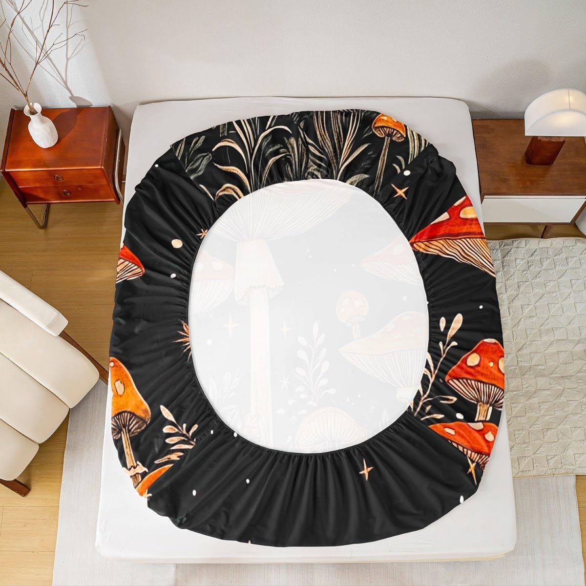 Watercolor Mushroom Fitted Sheet Full Size,Natural Leaves Plant Painting Mattress Cover,1 Fitted + 2 Pillowcases,Shiny Starry Galaxy Red Black Deep Pocket Bed Cover (No Top Sheet),Polyester