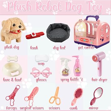 STAY GENT Interactive Robot Dog With Pet Carrier & Plush Walking Dog on Lead, Electronic Grooming Set, Role Play Toys Gifts for Girls 3 4 5 6 7 Years Old