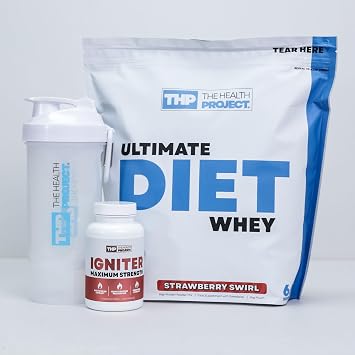 The Health Project Diet Protein & Fat Burner Bundle | Low Cal Weight Loss Protein Powder | Strawberry Swirl Flavour | Ultimate Igniter Fat Burner for Men | Green Tea & High Caffeine | Shaker Bottle