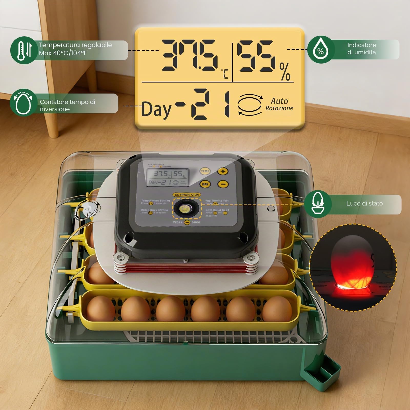 Incubatrice Automatica per 24 Uova con Controllo della Temperatura, Rotazione delle Uova, Sperauova, Incubatrice per Gallina Anatra Quaglie