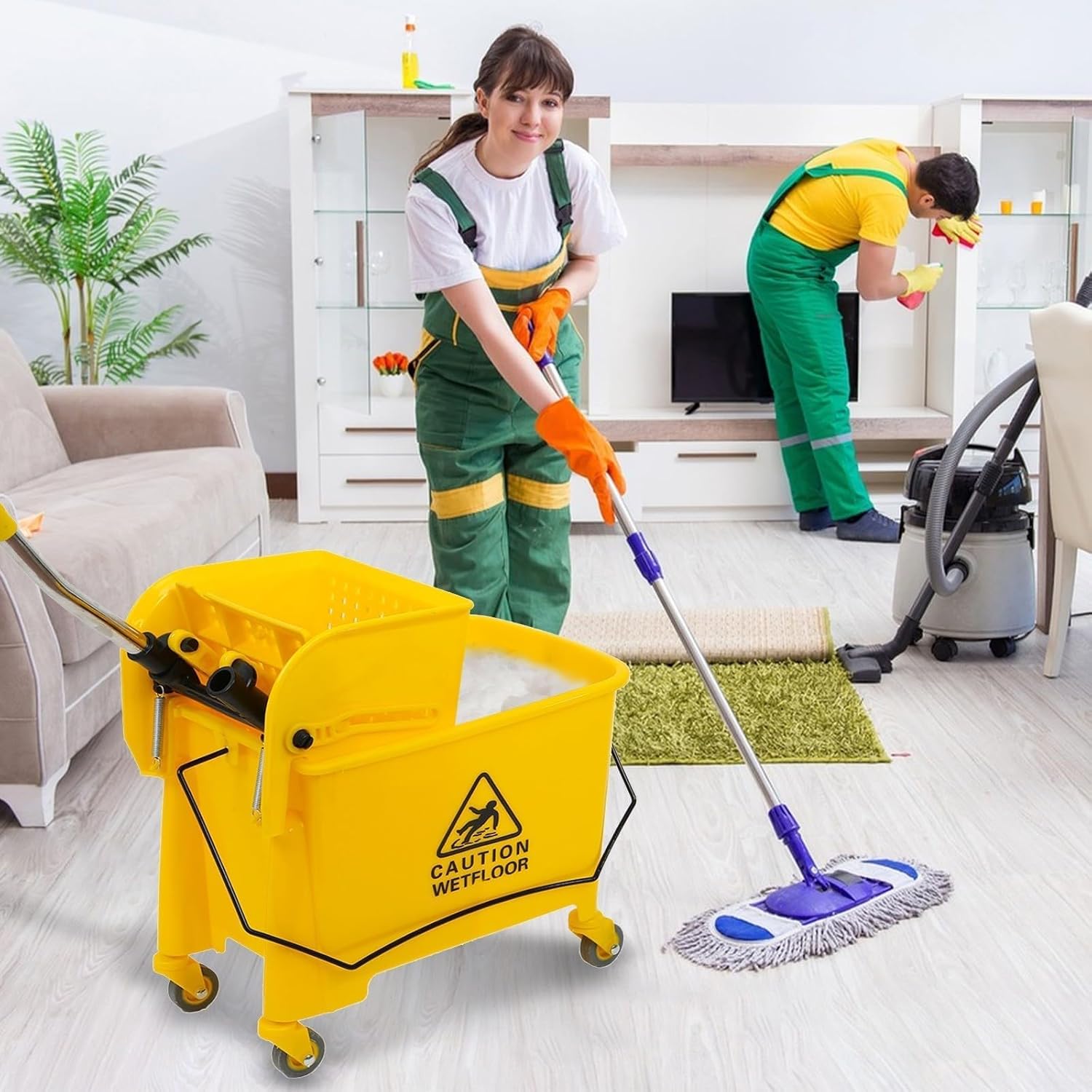 20L Gallon Commercial Mop Bucket with Wheels, Side Press Wringer Combo Mop Bucket for Restaurant Home Floor Cleaning Use