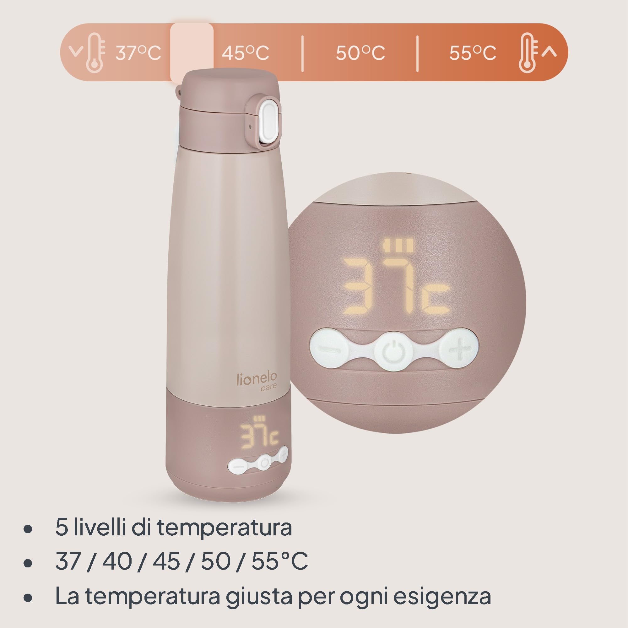 Lionelo THERMUP BOTTLE Scaldalatte Portatile Senza Fili, Compatto 350 ml, Riscalda Latte o Acqua in 3,5 Min, Controllo Temperatura 37-55°C a 5 Livelli, Termos per Latte fino a 20 h, Display