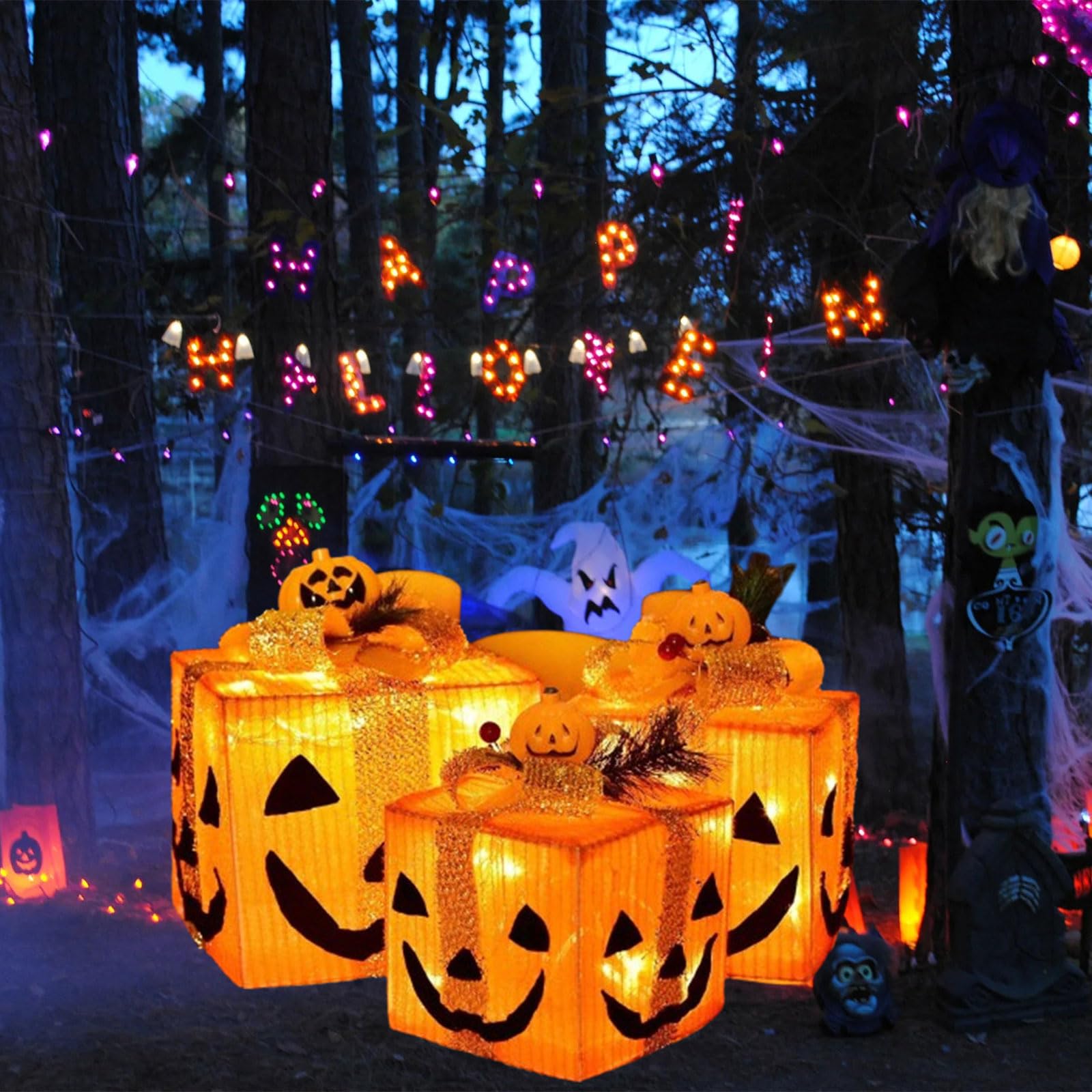 Halloween Beleuchtete Geschenkboxen, 3-teiliges Set, Glitzernde Paketlichter mit 50 LED, 8 Modi, ideal für Kamin, Zimmer, Fenster, Veranda Dekor