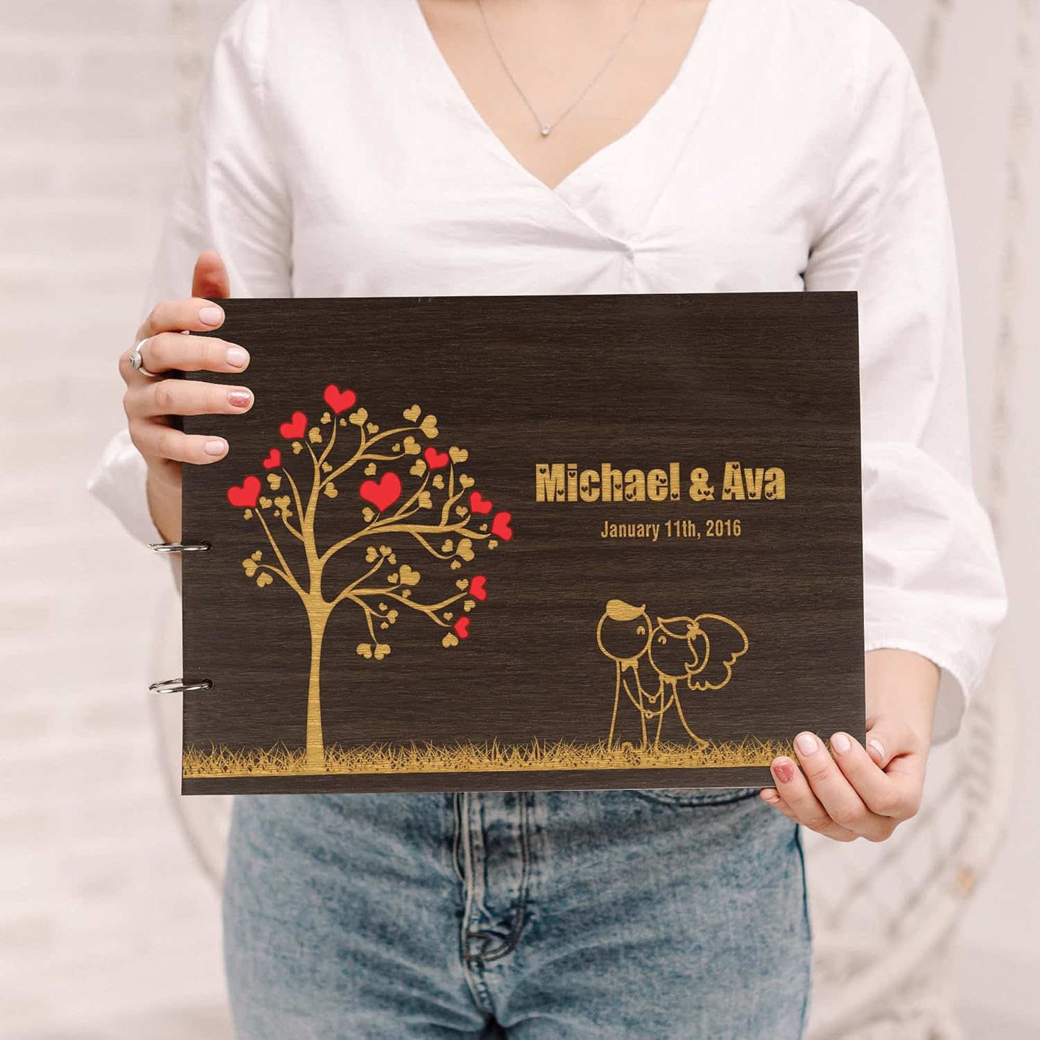 Darling Souvenir Personalized Engraved Laser Cut Wedding Guest Book Wooden Cover Sign-in Book Registry Guestbook Scrapbook-XP