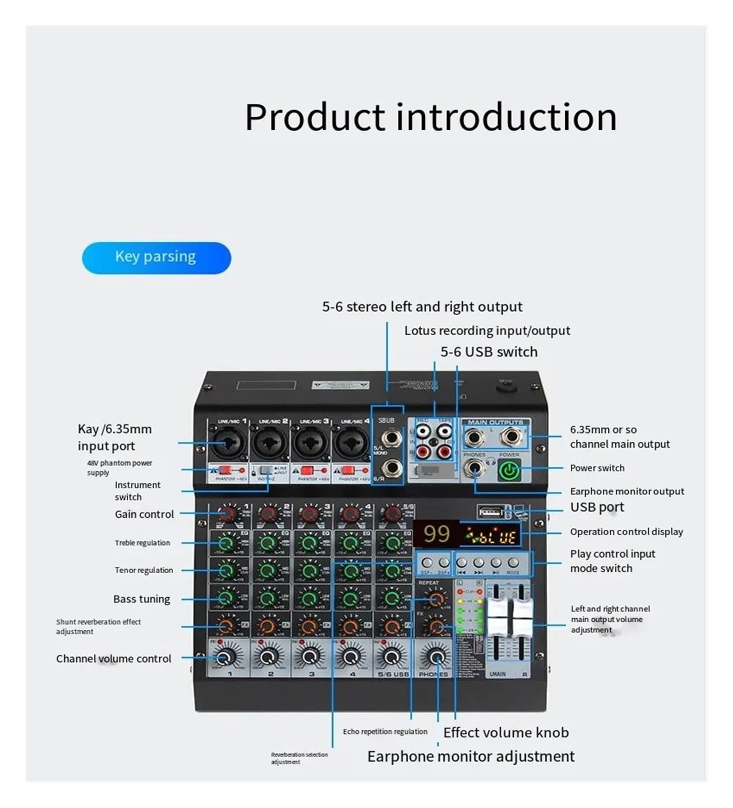 Kontroler DJ-ski, 6-drożny mikser komputerowy, rejestrator, karta dźwiękowa telefonu komórkowego, scena, Bluetooth, USB, transmisja na żywo, nagrywanie komputerowe, sprzęt DJ