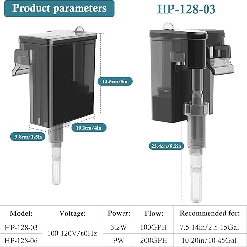 Miniatura 2 de Filtro de acuario ultra silencioso de 100 GPH Filtro ajustable de 3.2 W para tanque de peces de 2.5-15 galones, filtro de carbón activado con 2