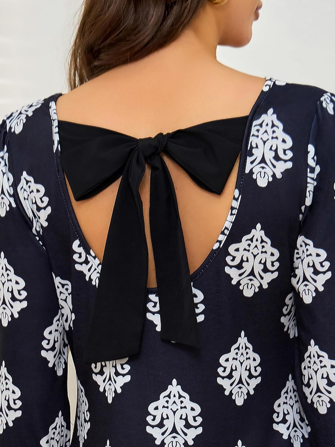 Women's Winter Casual Pocket Design Dress Long Sleeves with Cuffs Backless with Bow Tie Black Print Medium - Image 2