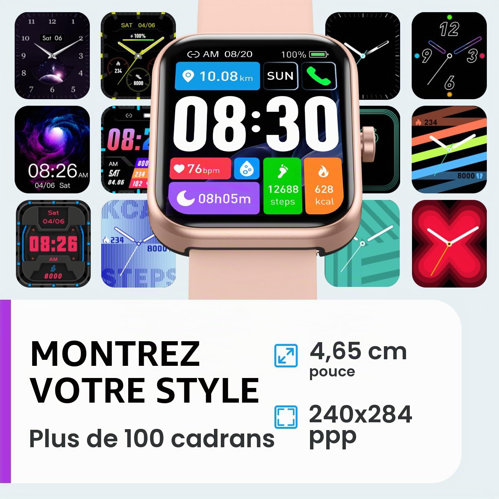 TOZO S3 Montre Connectée Femme Homme avec 1.83” Écran Smartwatch IP68 avec Multiples Fonctions de Santé et Vie 100+ Modes Sportifs Rose