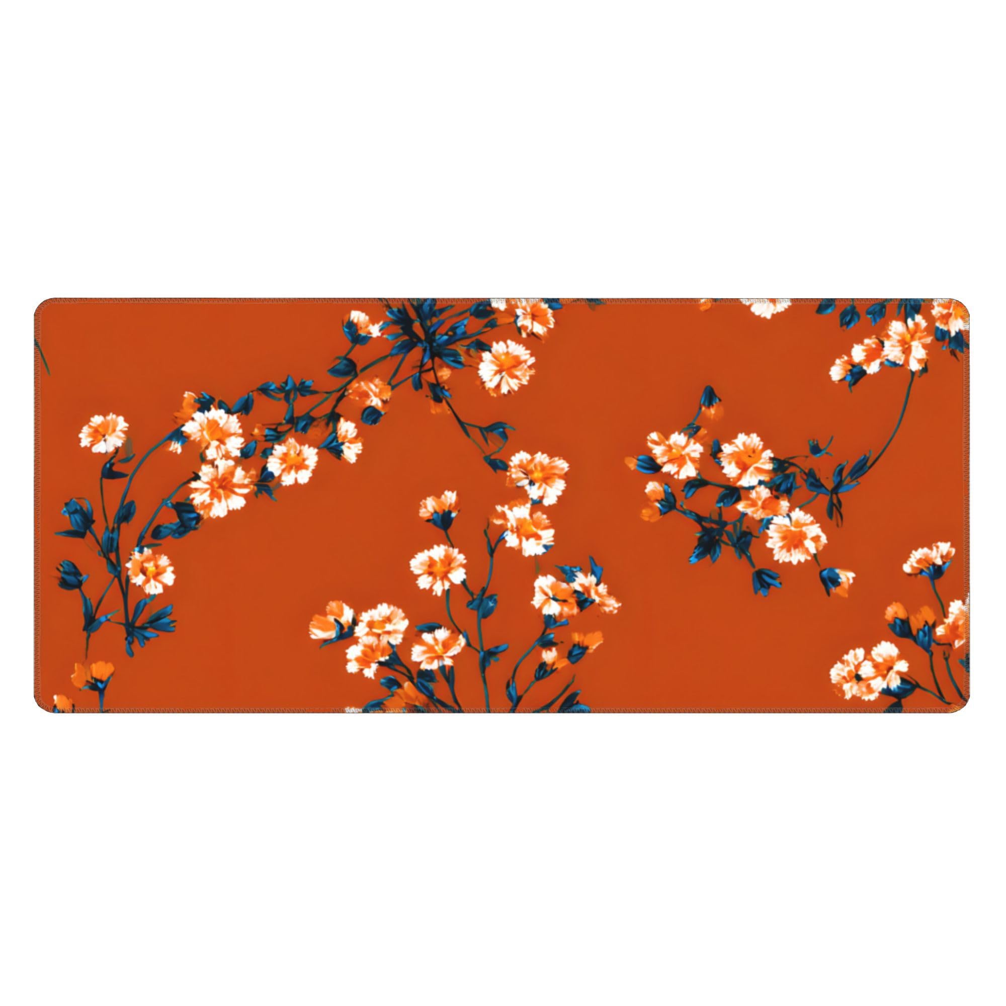 Orange Retro Flower Extended Gaming Mouse Pad, with Stitched Edges Large Mouse Pad Desk Protector, Rubber Base Mousepad Keyboard Mouses Mat for Work Game Office Home- 32" X 12" Inch