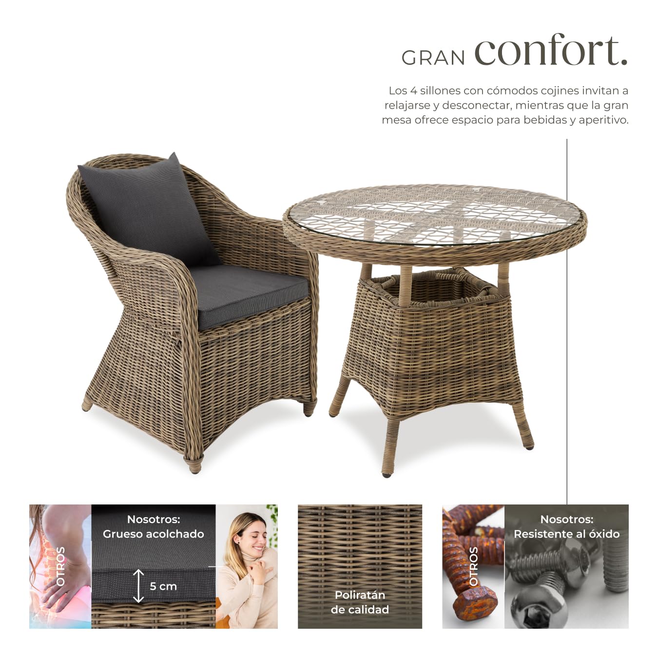 tectake® Conjunto Jardín Exterior de Ratán y Aluminio, 4 Sillones con Cojines y 1 Mesa Cristal, Muebles Jardín Exterior Impermebales y Resistentes a Intemperie, Topes en Patas, Sin Montaje - Natural