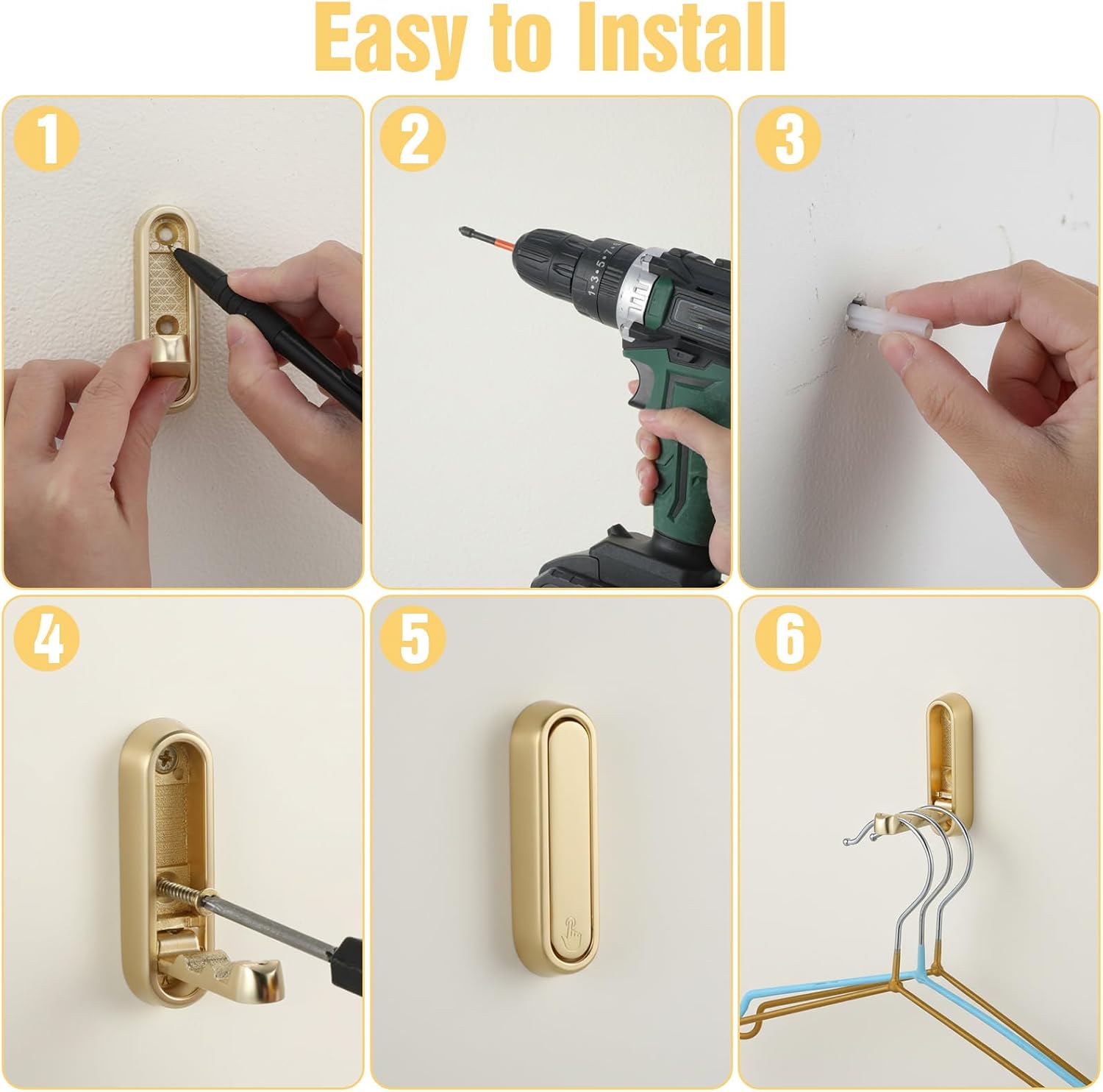 6 Pack Foldable Wall Hooks, Heavy Duty Gold Zinc Alloy Folding Hooks – Space-Saving Hidden Design for Towels, Coats, Bags, Keys, Wall Mounted with Screws & Anchors