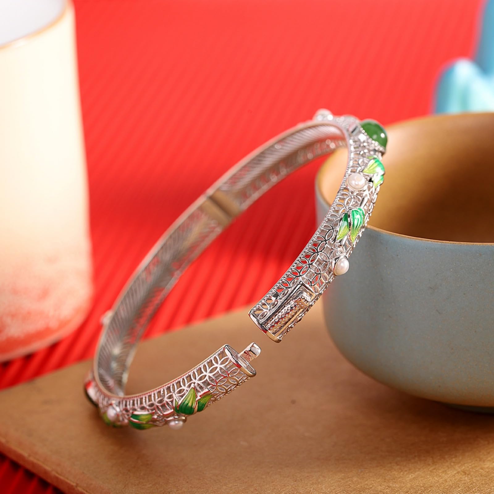 Braccialetti d'argento, braccialetti da braccialet Bracciale rigido aperto da donna in argento sterling S925 con perle e diaspro da 5*8 mm, smaltato, artigianato tradizionale, accessorio perfetto for