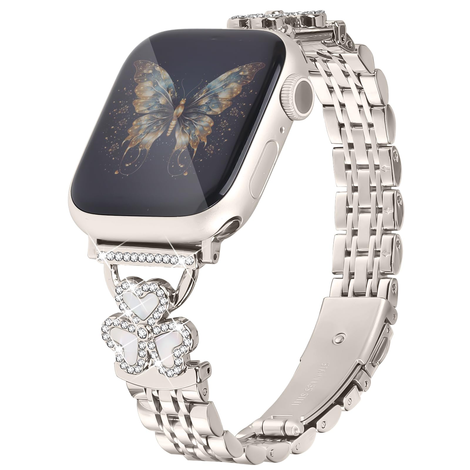 JOYOZY Women Bands Compatible with Apple Watch Band 40mm 41mm 42mm 44mm 45mm 46mm 49mm 38mm, Metal Wristband Bling Elegant Clover Straps Replacement