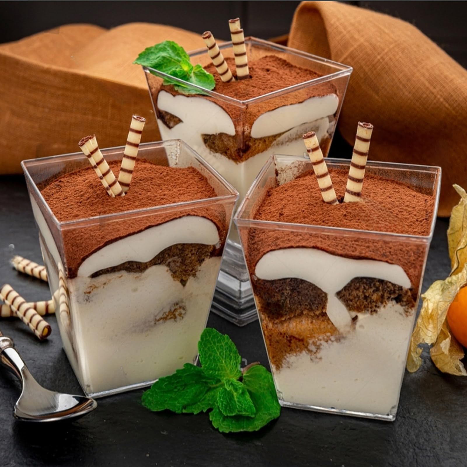 50 Verrines Carrées 150-160 Ml + 50 Cuillères – Plastique Transparent Pour Desserts, Puddings, Mousses, Fêtes