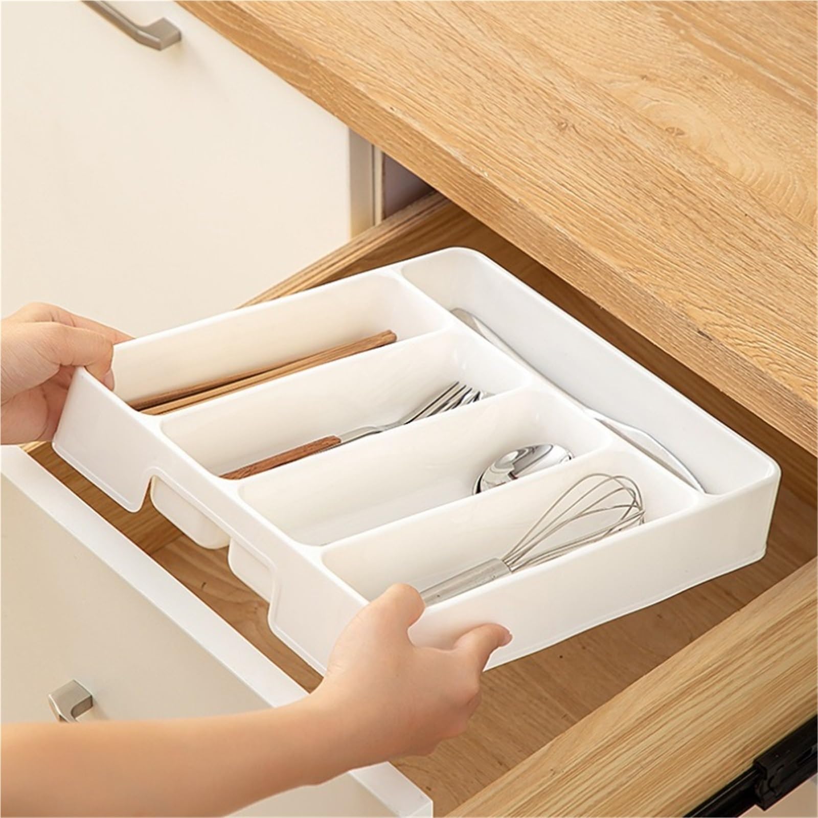 Lot de 2 organisateurs tiroir cuisine avec séparateurs réglables, boîte rangement for ustensiles (couteaux, fourchettes, cuillères, baguettes), plateau intégré Pour Ustensiles(Black,17.7x27x4.5cm)