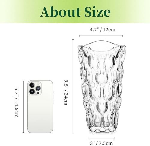 Miniatura 5 de Hewory - Florero grande de cristal para flores, florero de ramo de flores de cristal transparente adornado de 9.5 pulgadas de alto para centros de