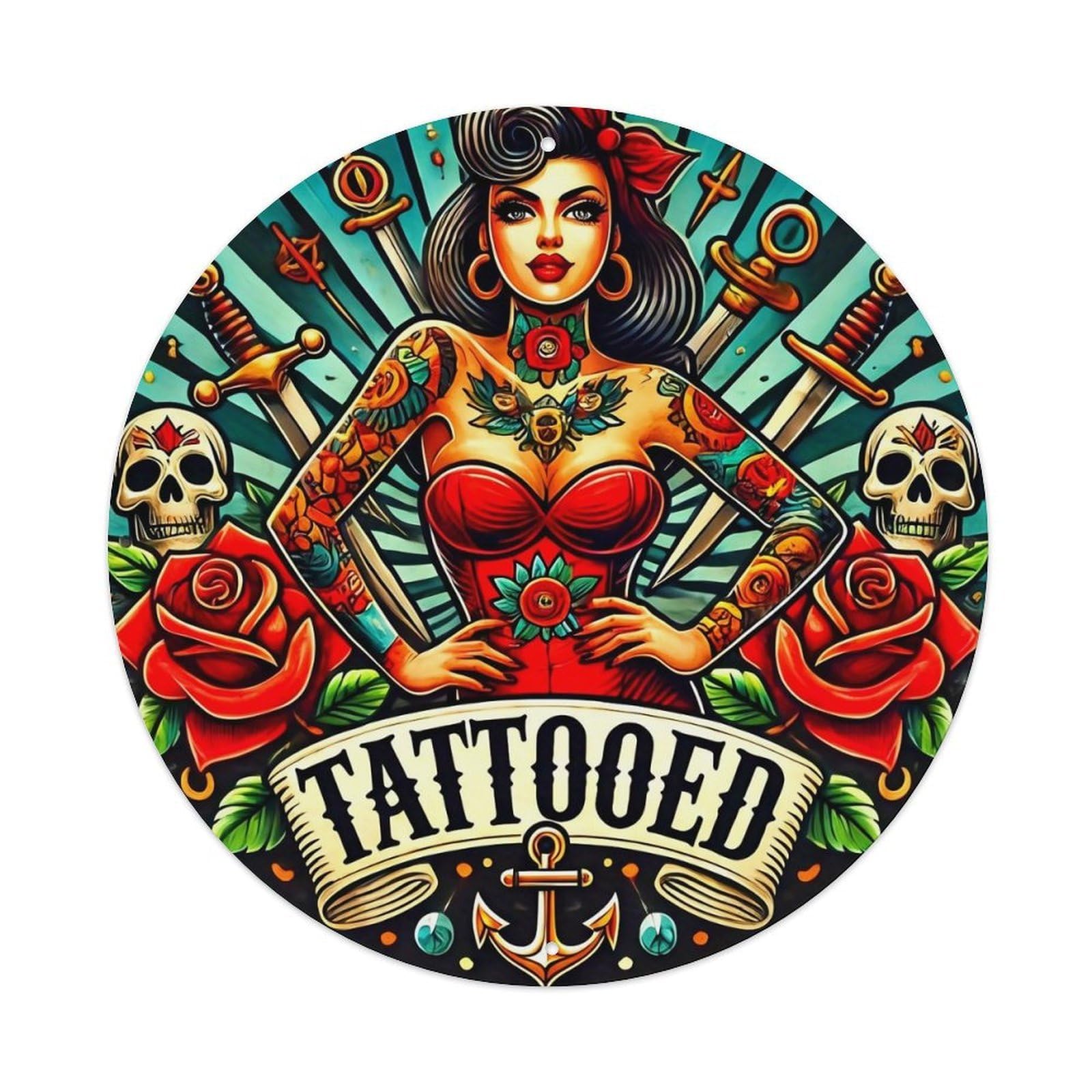 Tattooed Woman With Roses And Swords Round Metal Tin Sign Vintage Wall Decor, Bar Garage Cafe Kitchen Home Wall Art Poster 8x8inches
