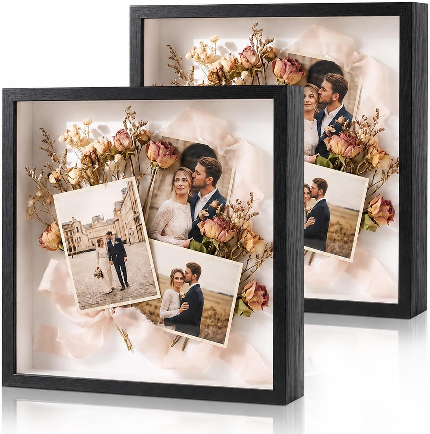 2 Pcs Shadow Box Frame 11.4x11.4 inch Black Travel Memory Box with Slot