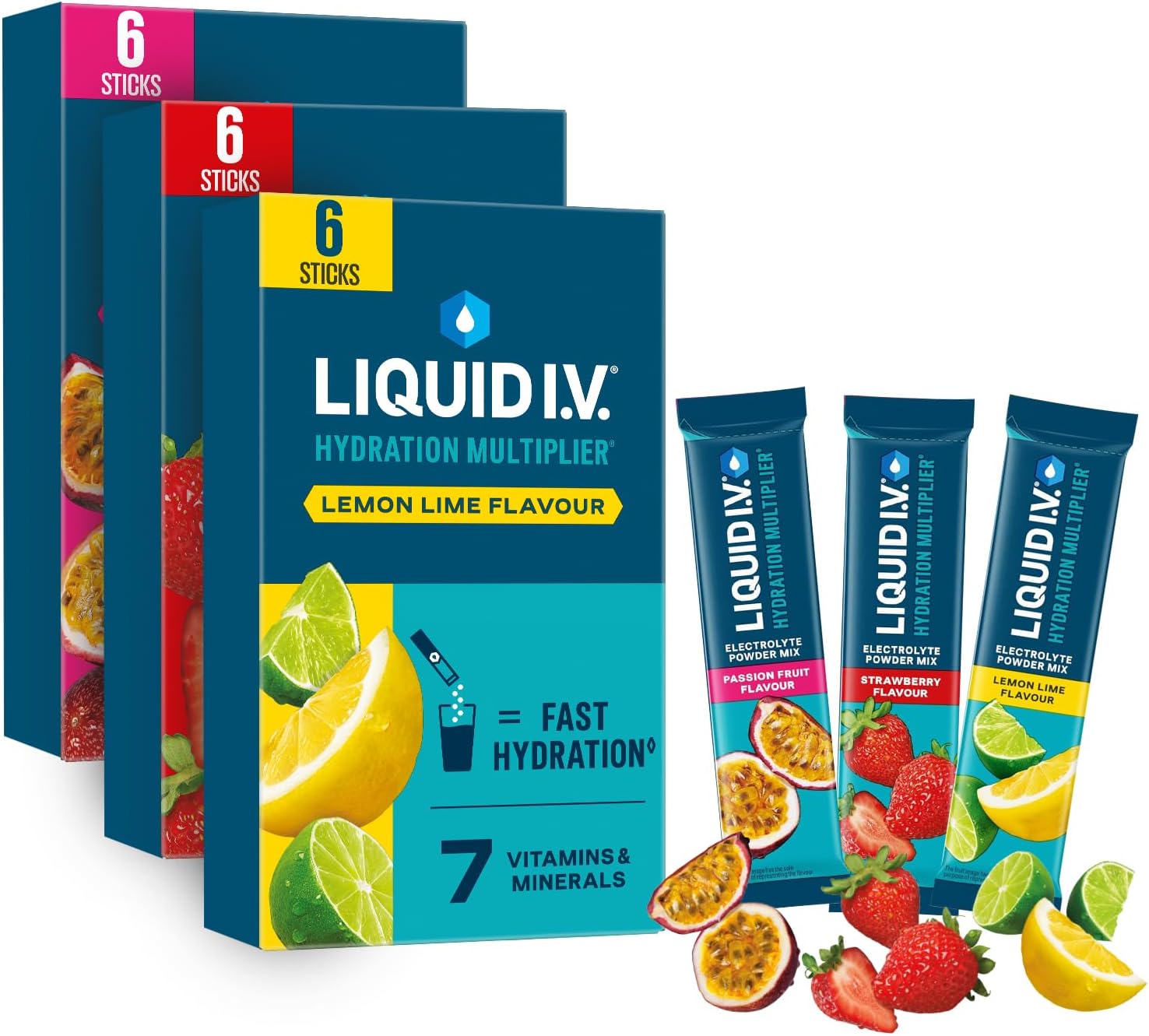 Liquid I.V. Hydration Multiplier Electrolyte Powder Pack, Lemon Lime, Passionfruit & Strawberry, Electrolytes With 7 Vitamins & Minerals For Fast Hydration & Energy, Vegan and Gluten Free, 18 Sachets