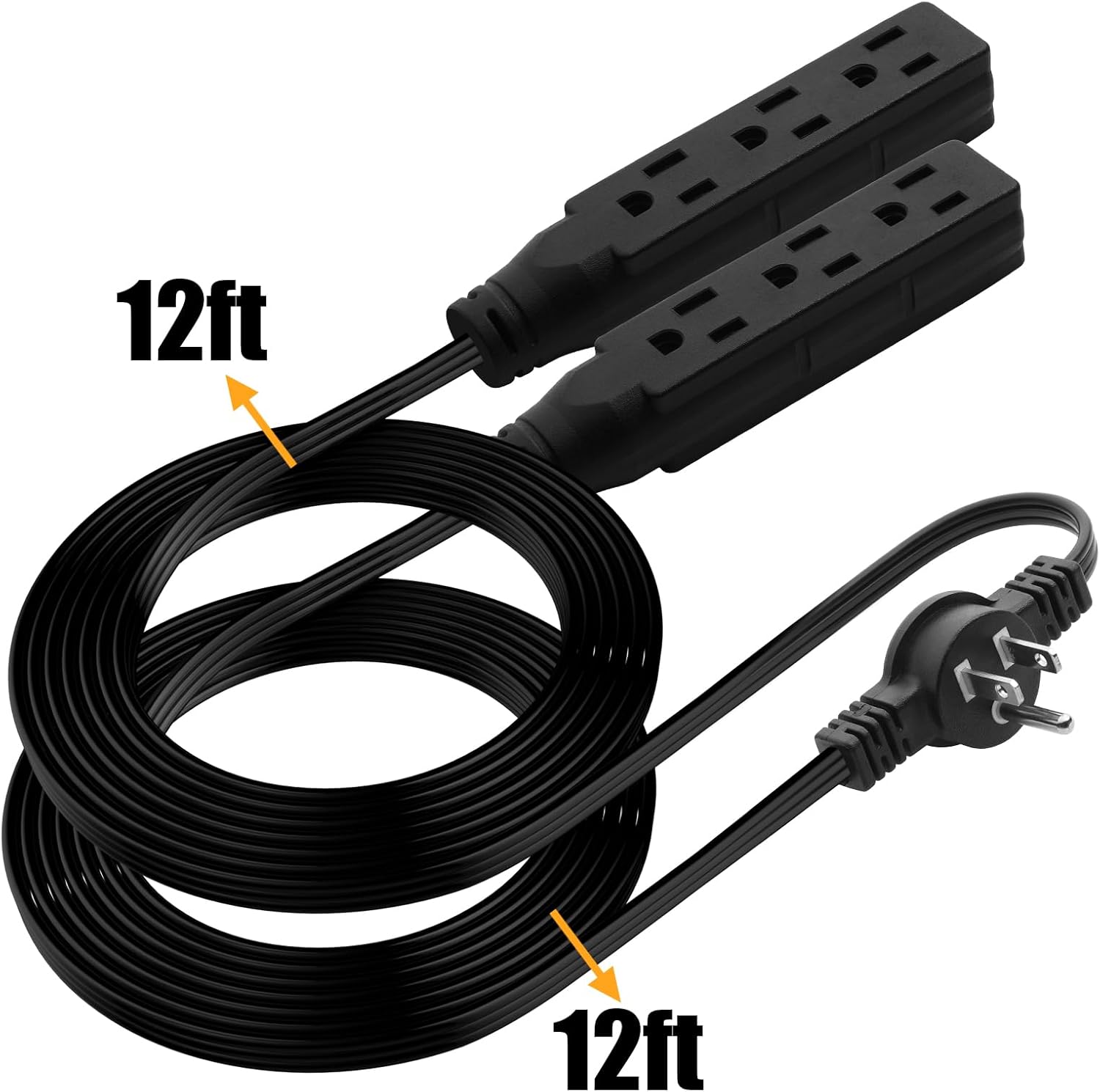 Twin Extension Cord, 24 Ft Flat Wall Plug, 12 Feet on Each Side, 3 Prong Power Strip with 6 Outlets, Double Extension Cord Splitter for Behind Bed, Couch, Nightstand, Furniture, Black