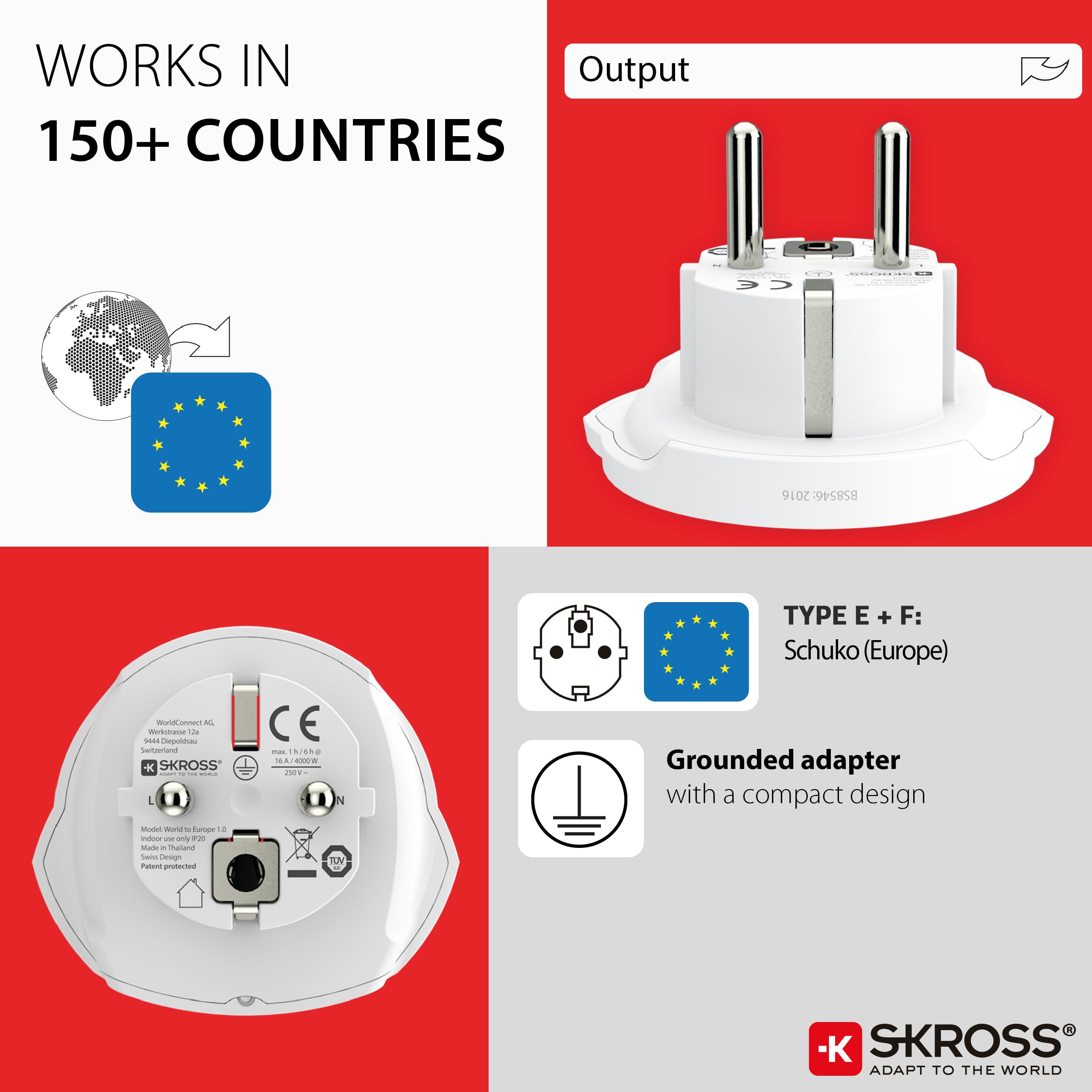 SKROSS Adattatore da viaggio da mondo a Europa, confezione da 2