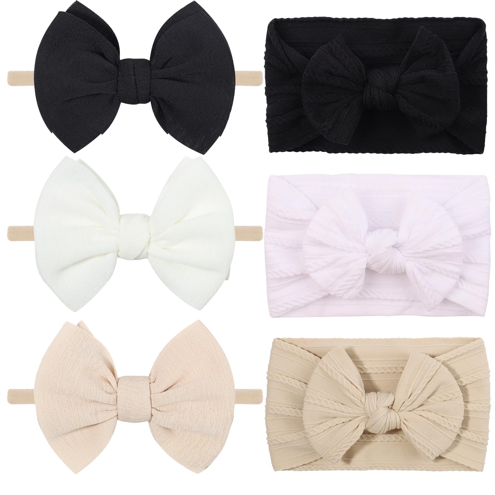 Chiduerm 6 piezas de diademas de nailon con lazos para el cabello para niñas pequeñas, diadema hecha a mano con lazos, accesorios para el cabello para bebés recién nacidos, bebés y niños pequeños, 6 piezas, negro, blanco, beige, medio