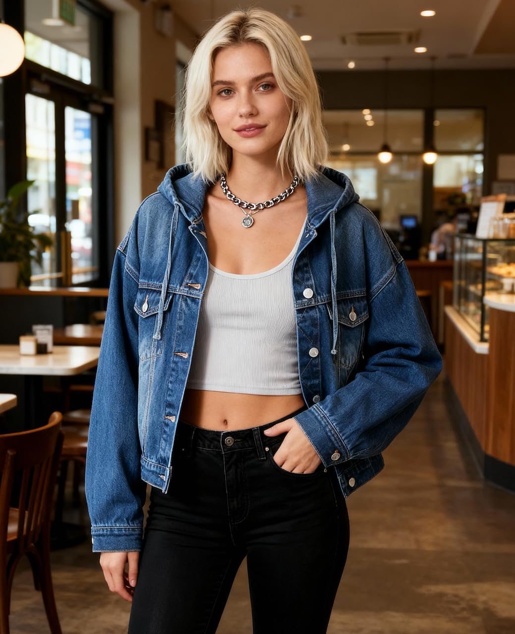 EMMIOL Womens Jean Jackets Long Sleeve Double-breasted Button Casual Denim Coat with Pockets - Image 3