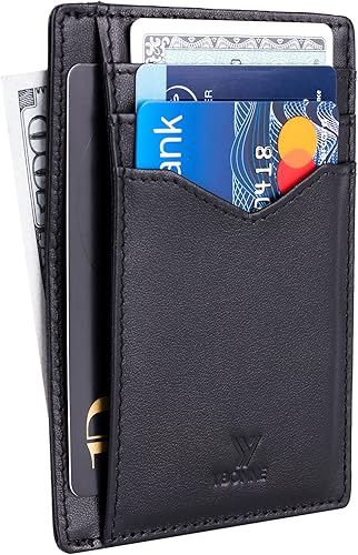 Miniatura 3 de YBONNE Cartera delgada con bolsillo frontal para hombres y mujeres, tarjetero con bloqueo RFID, hecha de cuero genuino de la más fina, Negro -,