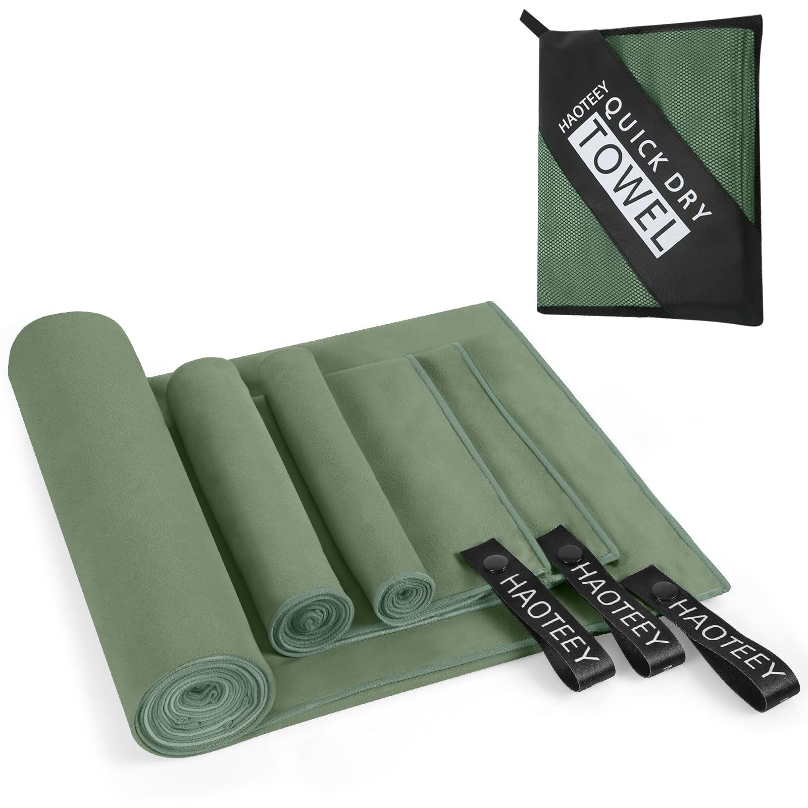 Quick Dry Travel Towel, 3 Sizes 1 Pack Camping Microfiber Towel, Lightweight Fast Drying Towels Set 60″x30″, 30″x15″, 15″x15″ w/Bag for Gym, Beach, Hiking, Swimming, Army Green