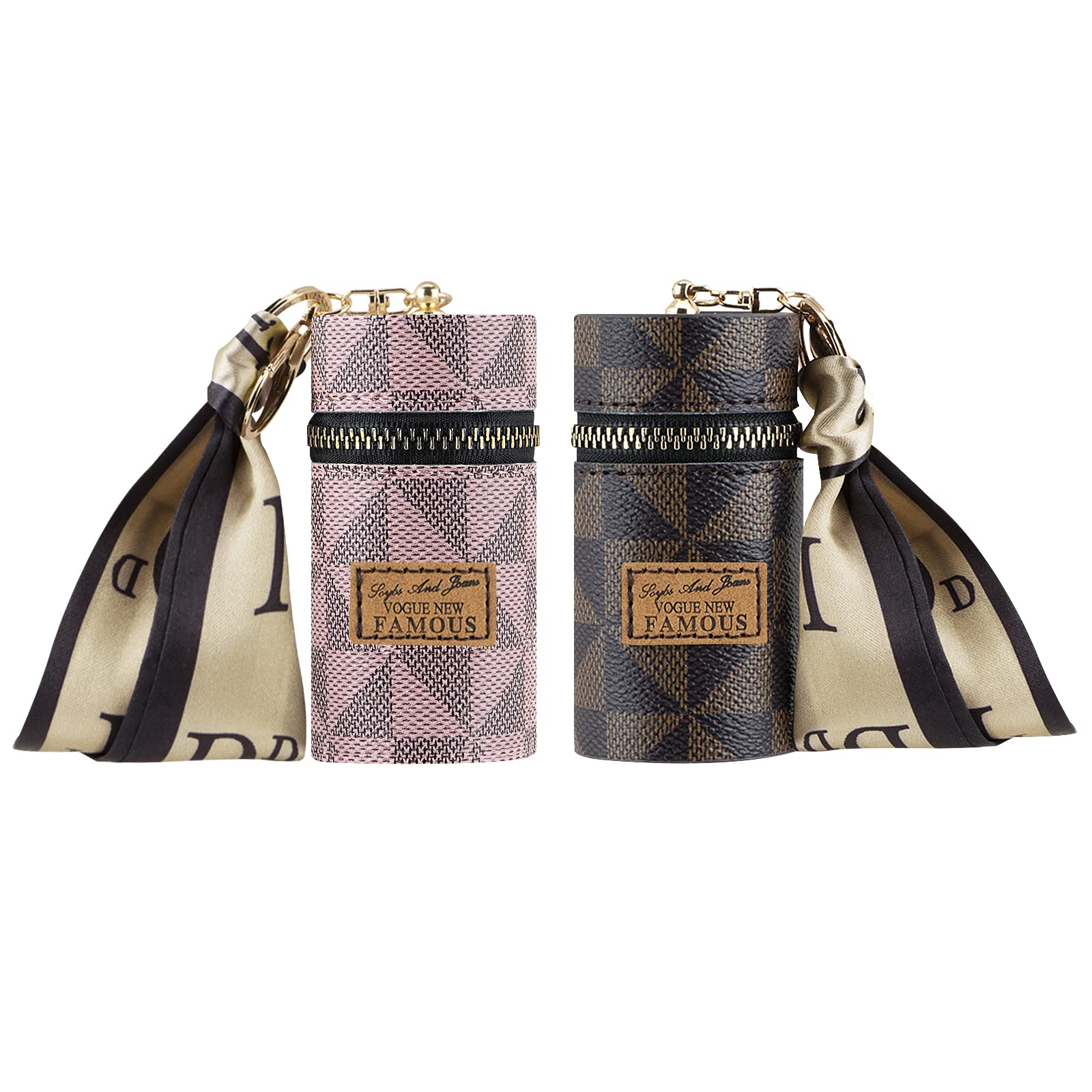 Adorila 2 Pack Lipstick Organizer, Leather Lip Gloss Bag with Keychain, Portable Mini Lipstick Case for Purse (Brown, Pink)