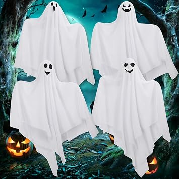 4 Pack Halloween Hanging Ghosts Decor, Hanging Halloween Decorations Outdoor, Halloweens Flying Ghost for Front Yard Porch Patio Lawn Garden Trees Party Decor and Holiday Halloweens Hang Decorations