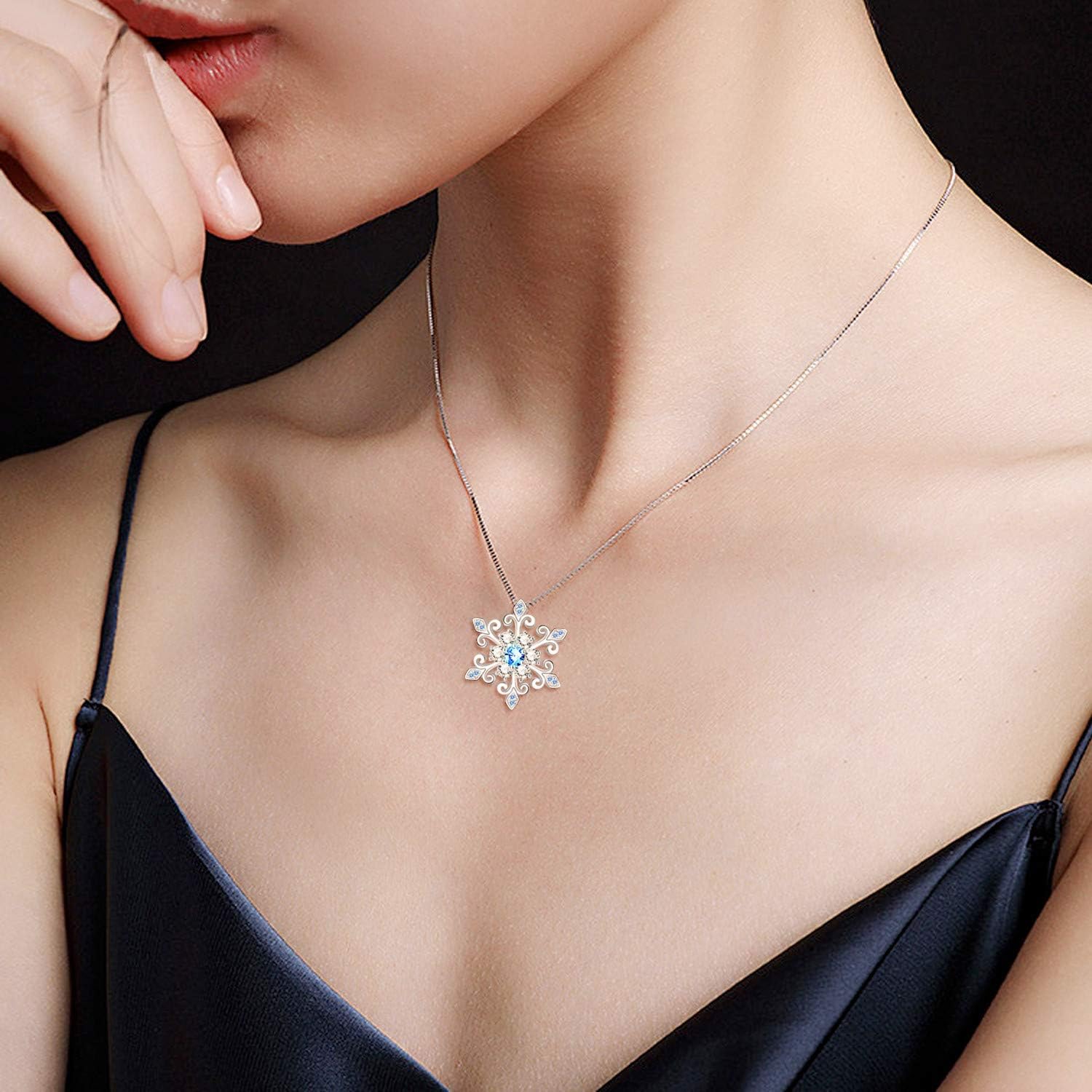 AOBOCO 925 Sterling Silver Snowflake Pendant Necklace Blue and White Fleur De Lis, Romantic Jewelry Gift for Her Birthday