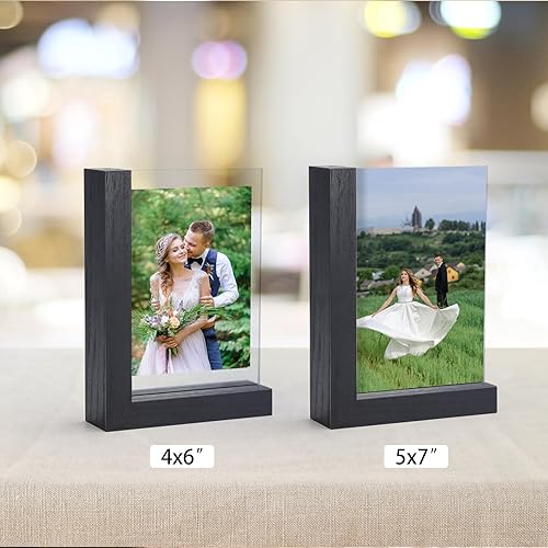 Miniatura 4 de Lavezee Paquete de 2 marcos de fotos de 4 x 6 pulgadas, hechos de base de madera negra en forma de L con vidrio, imágenes de fotos de doble cara de