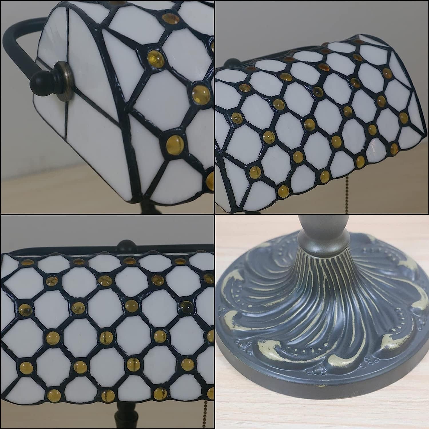 Bankiers Tischlampe, farbige Glaslampe, Kristallperlenschreibtischlampe, Schlafzimmer in der Nacht Leselampe (weißer gelbe Glasperlenschatten) Innovate