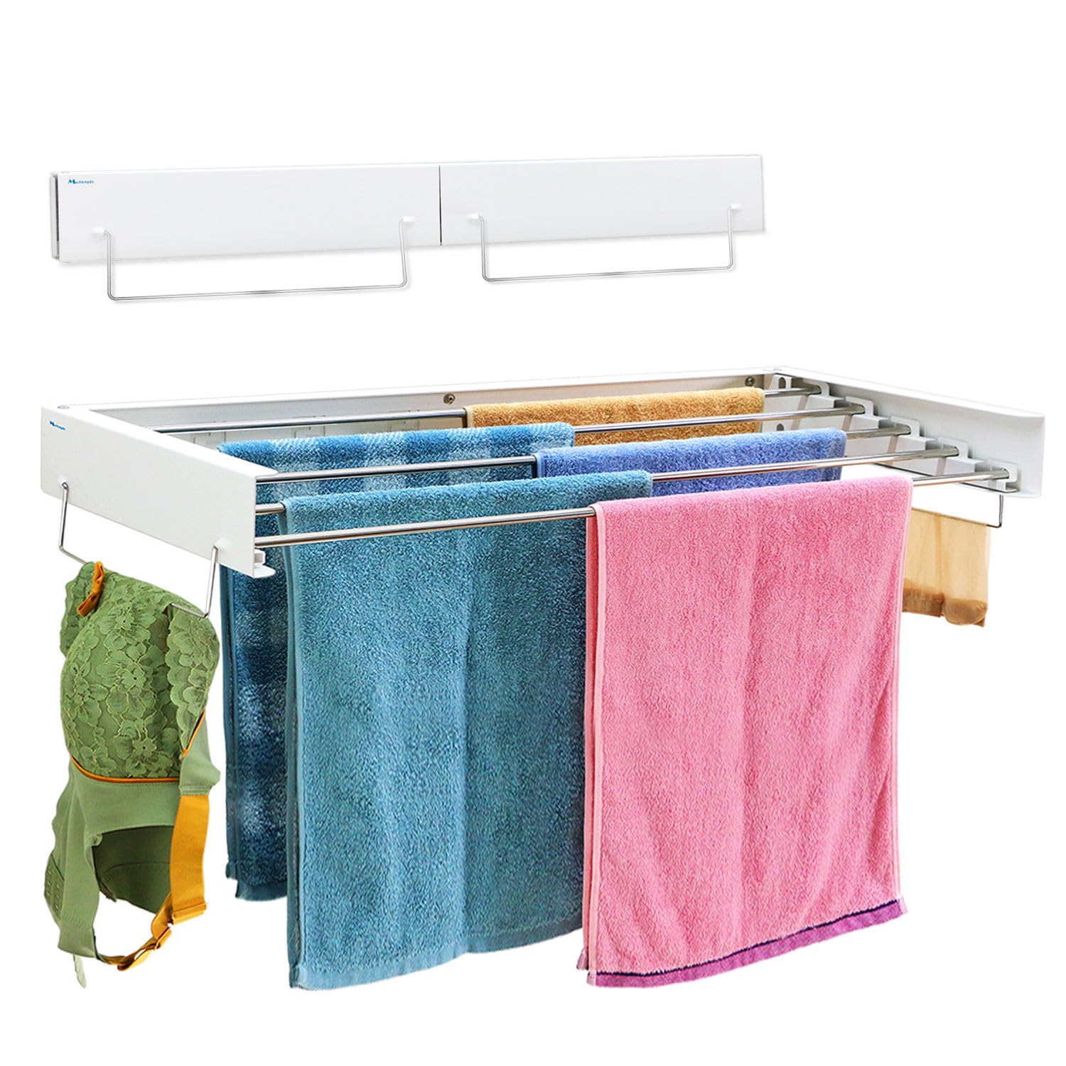 MaiHongda Invisible Wall Mounted Laundry Clothes Drying Rack Clothing Retractable Wall Hanger Collapsible Hanging Towel Holder for Laundry Bathroom Indoor/Outdoor(White,5 Rods,32")