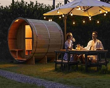 Carbonized Wood Outdoor Barrel Sauna with Front Porch, 4-6 Person Round suana Room, with 6KW Wet or Dry Heater-Ship from USSupports Truck Delivery,Also Pickup Yourself from US Warehouse