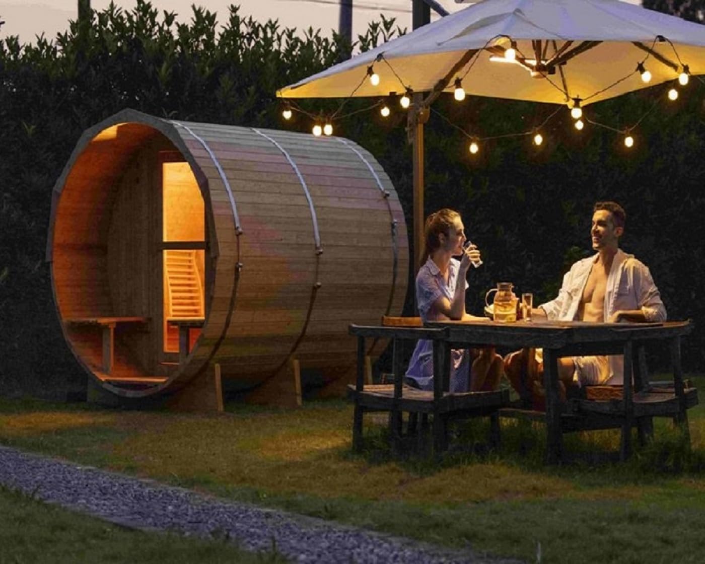 Barrel Sauna Room 1800 * 2400mm with Front Porch, Carbonized Hemlock Outdoor Sauna with 6kw Electric Heater, Sauna Rocks, 6-8 Person Sauna Bath for Garden Courtyard