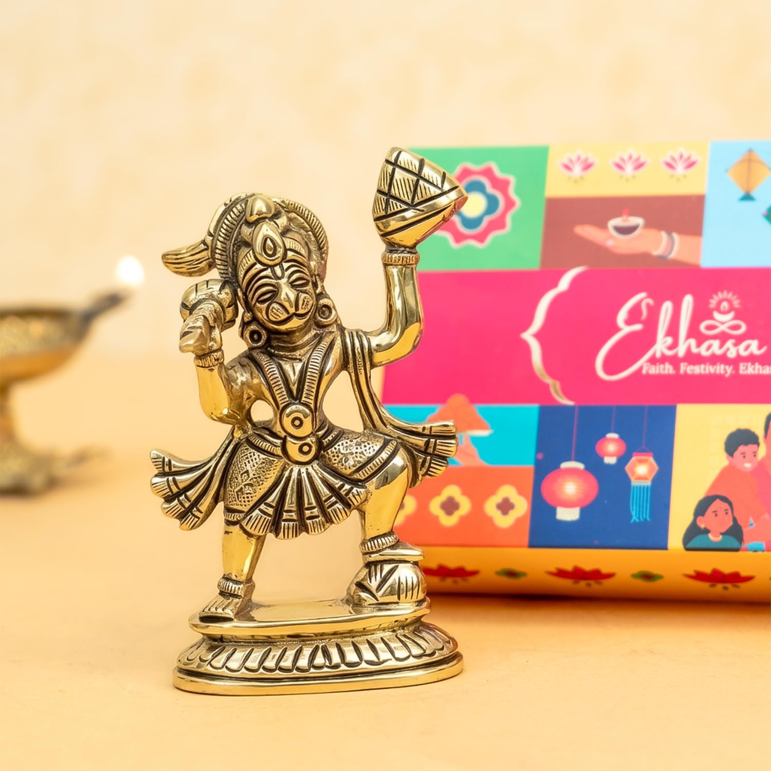 Ekhasa 100% Pure Brass Hanuman Idol with Gift Box – Bajrangbali Murti for Home Pooja, Balaji Murti, God Idol for Home Decor, Housewarming, Grah Pravesh, Wedding Gift, Brass Showpiece