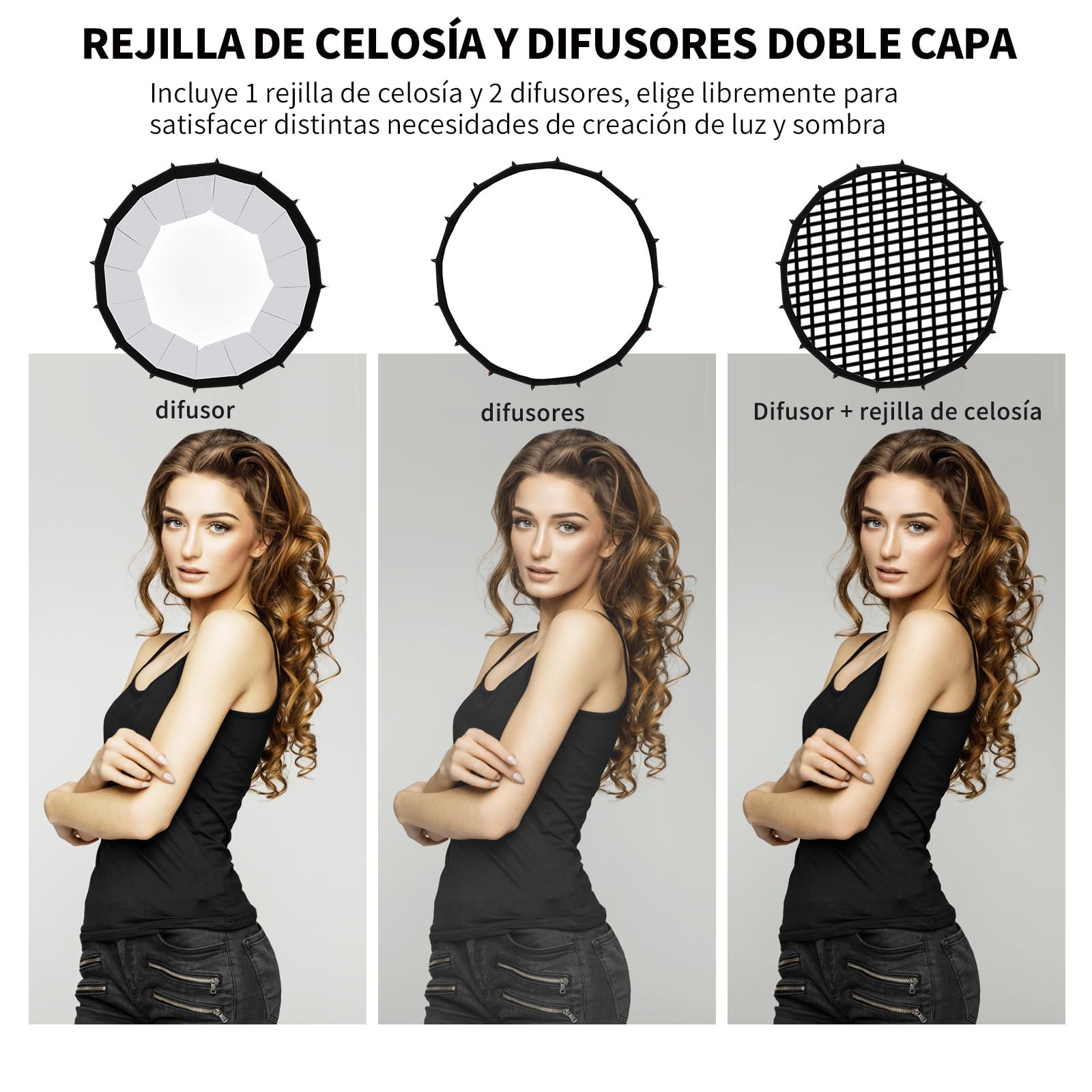 55cm/21’’ Kit de Iluminación Fotográfica LED de Caja de Luz Softbox Portátil de 60W, con Rejilla y Trípode, 3000-6500K, para Estudio, Retratos y Streaming,Video