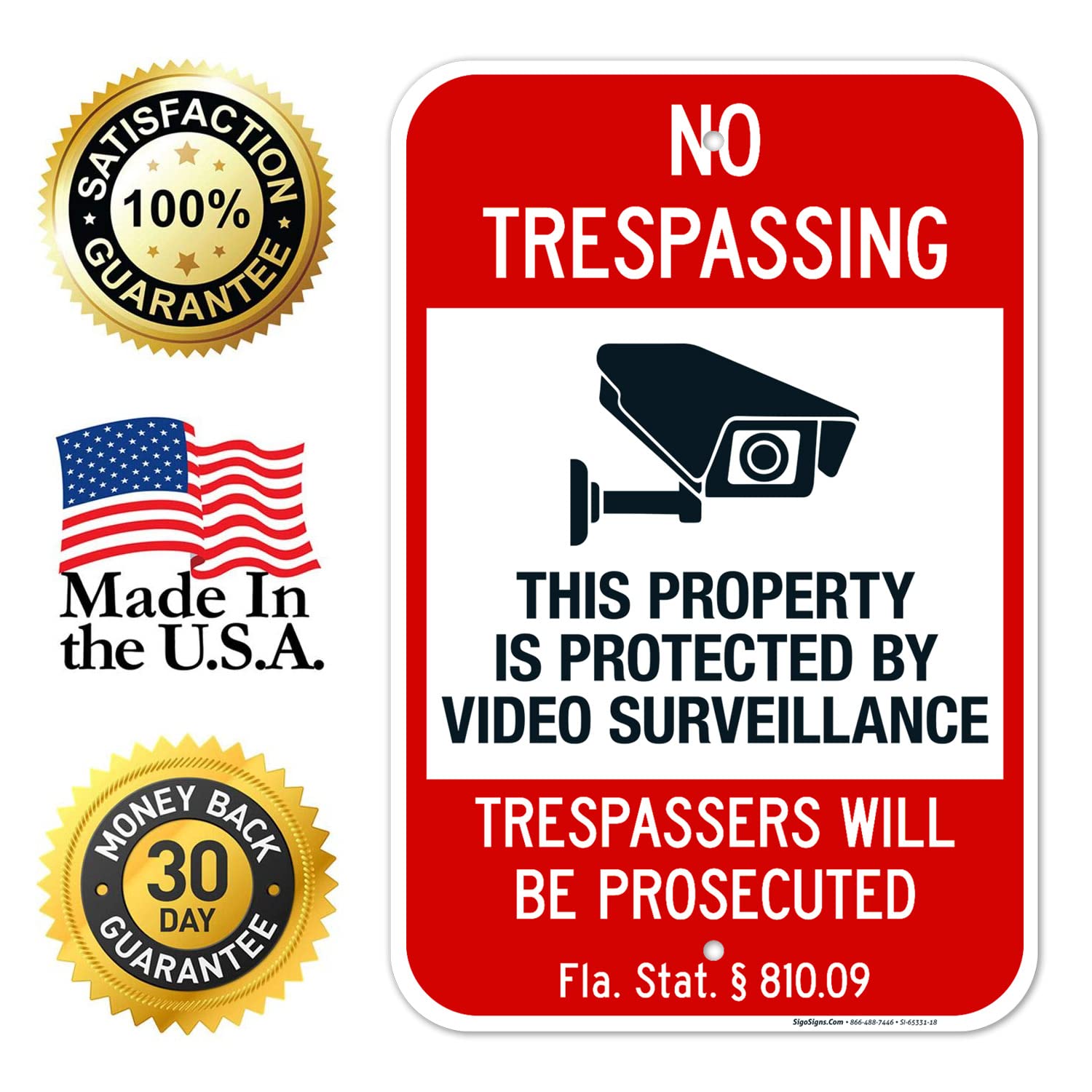 Florida No Trespassing Sign This Property is Protected by Video Sign, 12x18 Inches, Rust Free .063 Aluminum, Fade Resistant, Made in USA